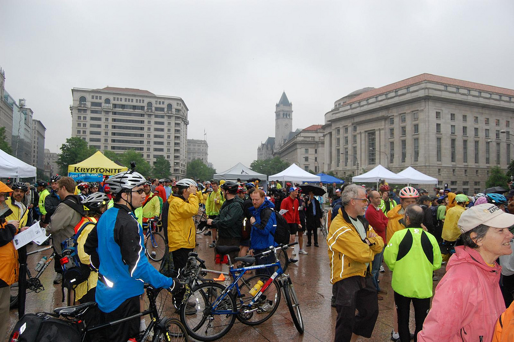 A shot from the Bike to Work Day crows at the Freedom Plaza pit stop. Even in the rain, people had a great time! 