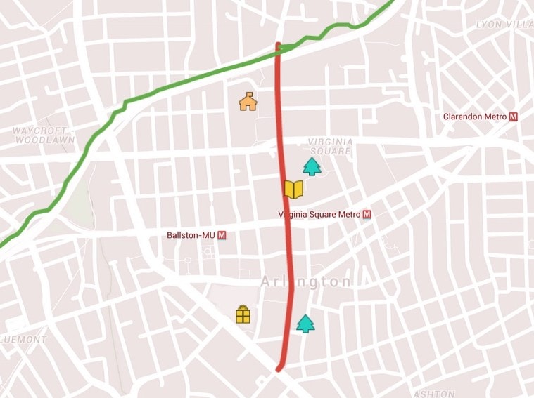 The red line is the proposed bike lane along North Quincy. The green line is the Custis Trail.