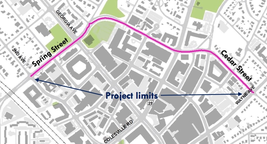 Proposed protected bike lane on Spring and Cedar Streets in Silver Spring