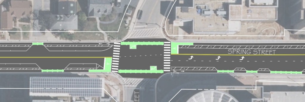 Proposed intersection for the Spring Street protected bike lane include bike boxes, 2 stage turn markers and colored conflict areas