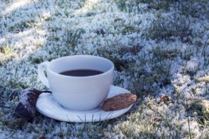 Large coffee cup sits on a saucer in a heavy snow dusting. Its a absurd winter image that is about the vibes and not practicality