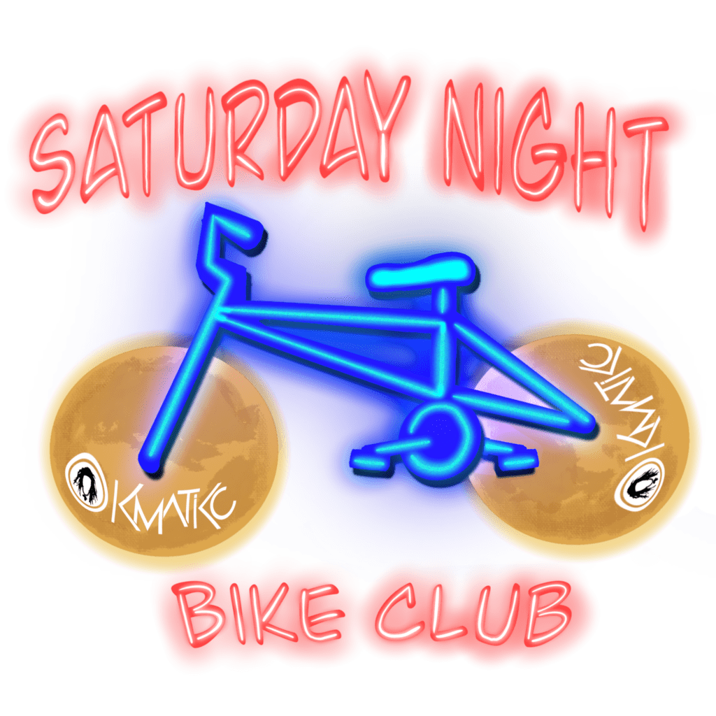 A neon logo with Saturday Night Bike Club in red and a bicycle in blue.