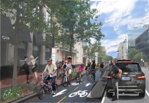 A 2 way protected bike lane full of happy people riding bikes, separated from car traffic by a curb and parked cars