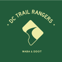 DC Trail Ranger Logo. Designed map of DC in green and yellow. Text says " DC Trail Rangers, WABA & DDOT"