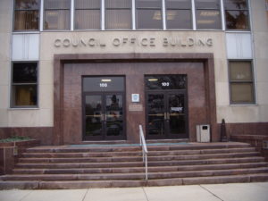The doors to the Montgomery County Council building