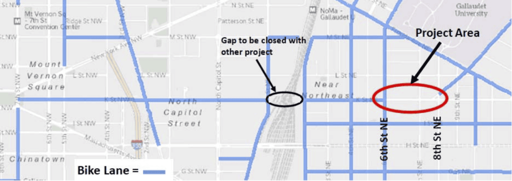 Map of K Street NE and NW showing a gap from 6th to 8th street