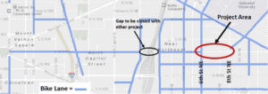 Map of K Street NE and NW showing a gap from 6th to 8th street