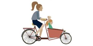 cartoon of an adult riding a cargo bike with an excited child in front