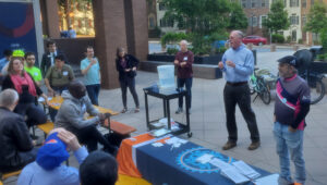 Former Montgomery Park Director Mike Riley speaks at a WABA bicycling advocates meetup in Silver Spring, May 10, 2023