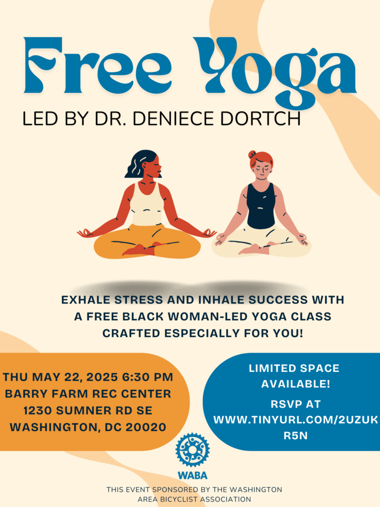 Flyer for a free yoga event led by Dr. Deniece Dortch. Flyer shows a cartoon image of two people sitting cross legged in athletic clothing.