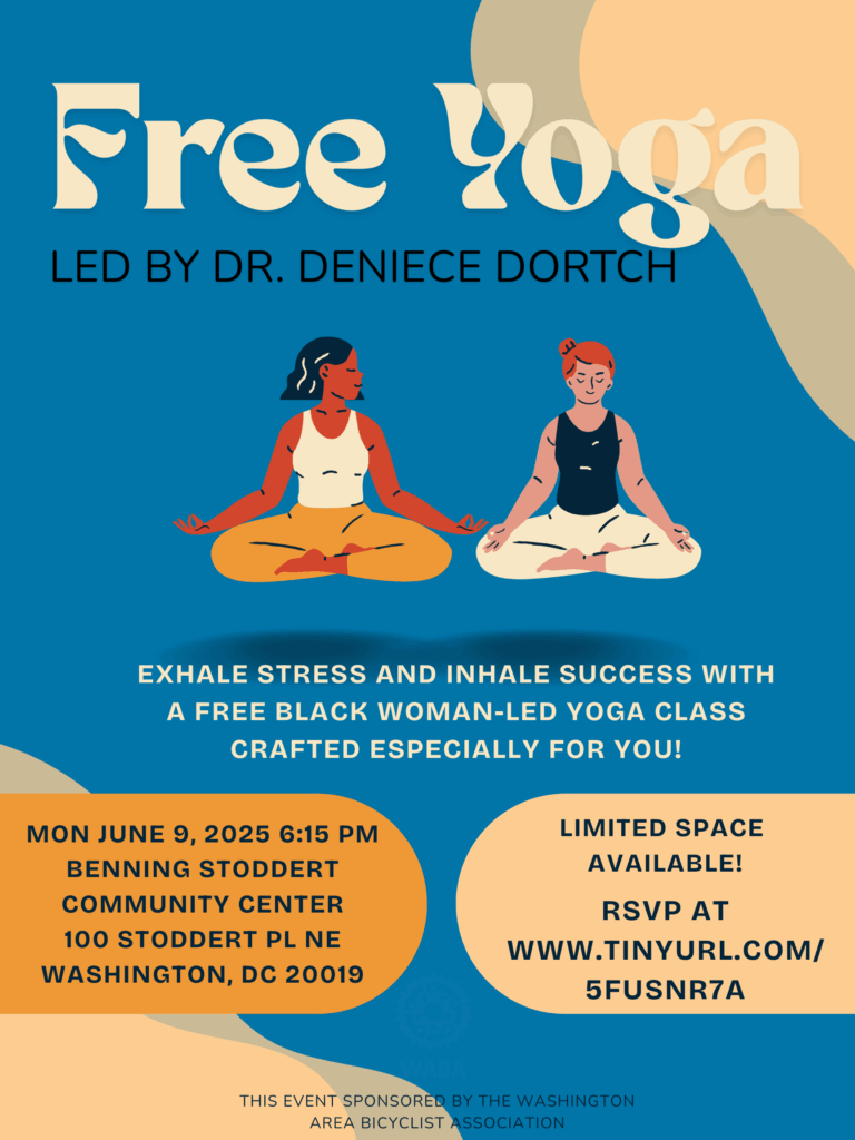 Two people wearing athletic clothing sit with crossed legs looking peaceful against a blue background. The text reads: Free Yoga, led by Dr. Deniece Dortch. Exhale stress and inhale success with a free Black woman-led yoga class crafted especially for you!"