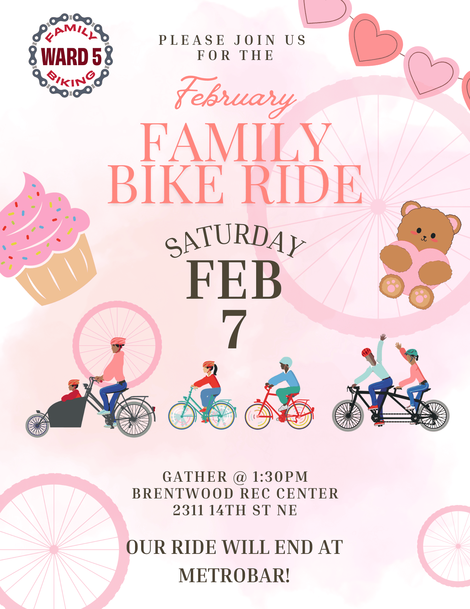 Pink Flyer with cupcakes, teddy bears, and people on bikes highlighting a 2/7 ride.