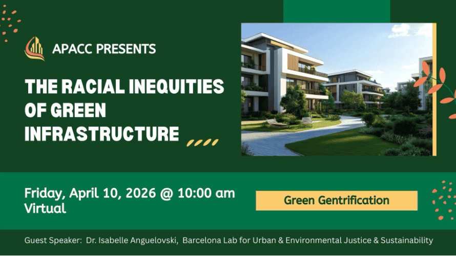 Flyer announcing a discussion aboutt he Racial Inequities of Greenspaces on a green background.